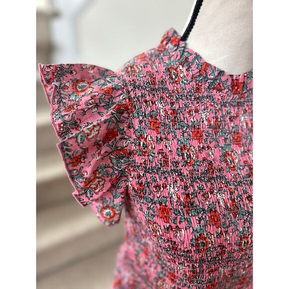 Anna Cate Pink Floral Block Print Shirred Ruffle Sleeve Midi Dress - Picture 4 of 8
